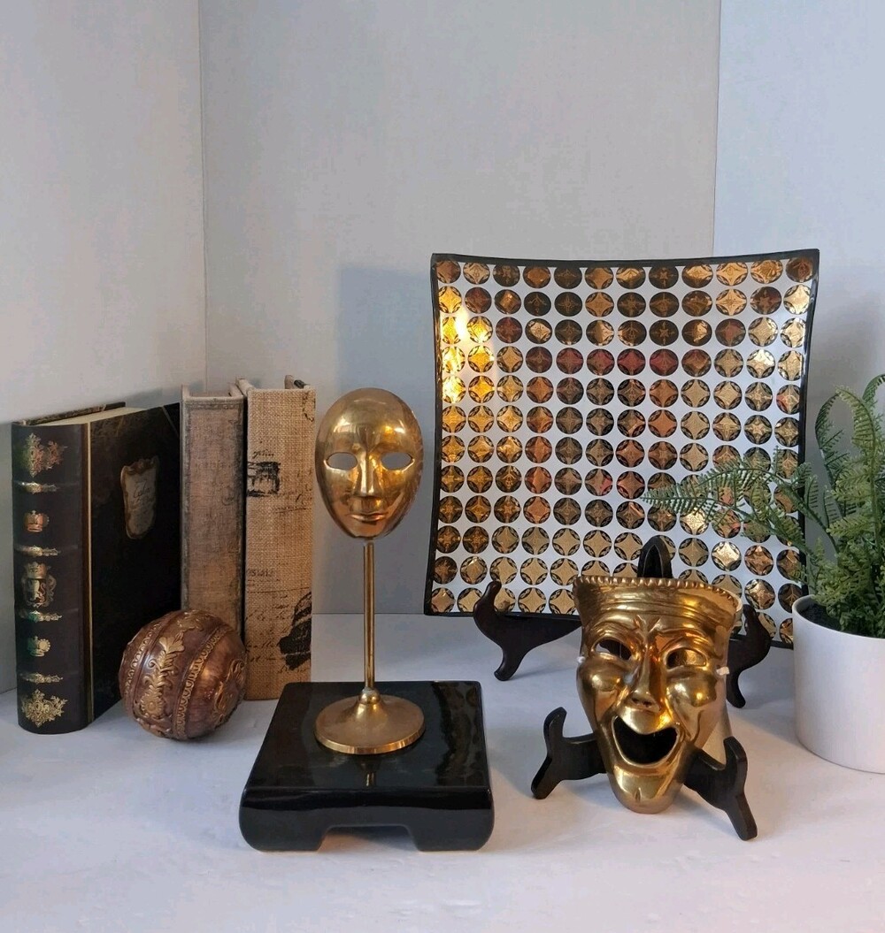 VTG MCM Solid Polished Brass Theater Mask On Matching Stand;Hollywood Regency